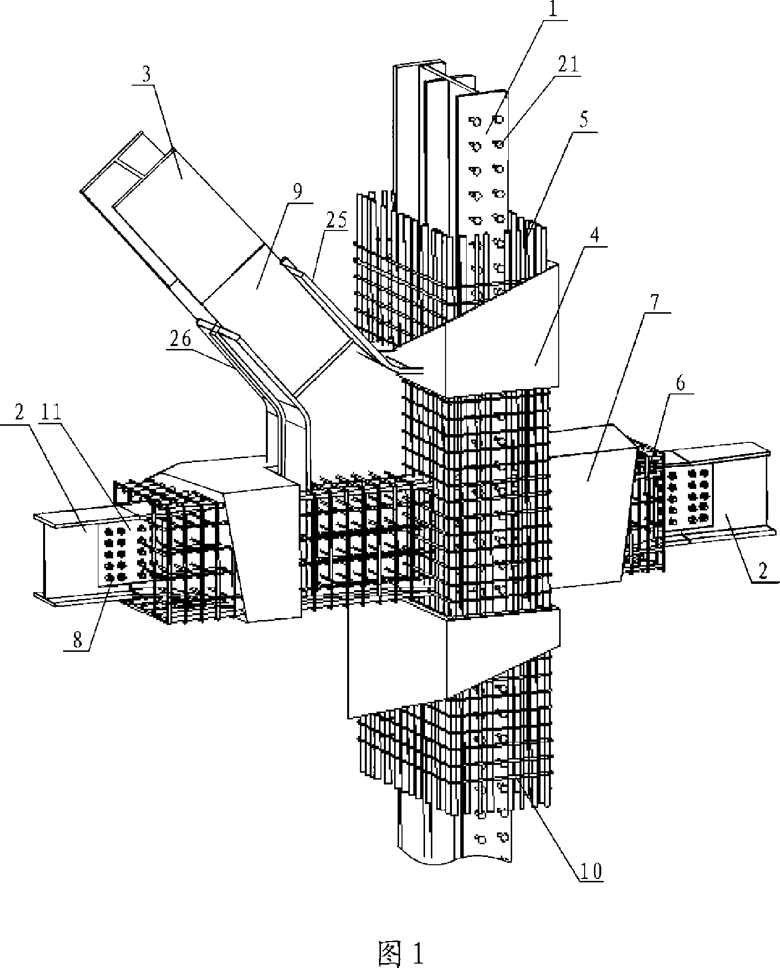 Shaped-steel concrete frame-steel supporting structure section-changeable conversion node