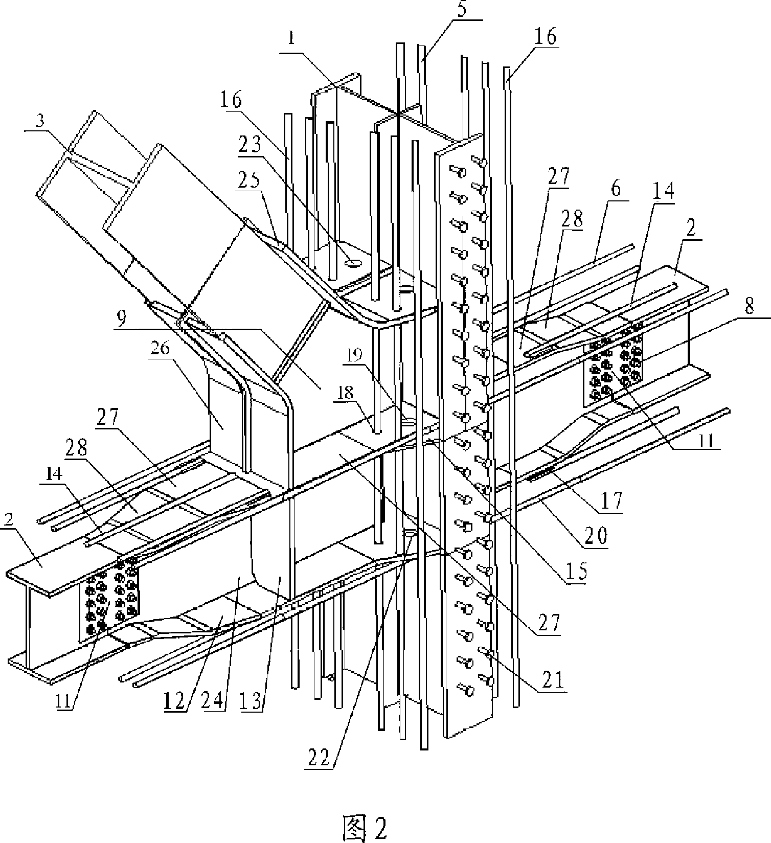 Shaped-steel concrete frame-steel supporting structure section-changeable conversion node