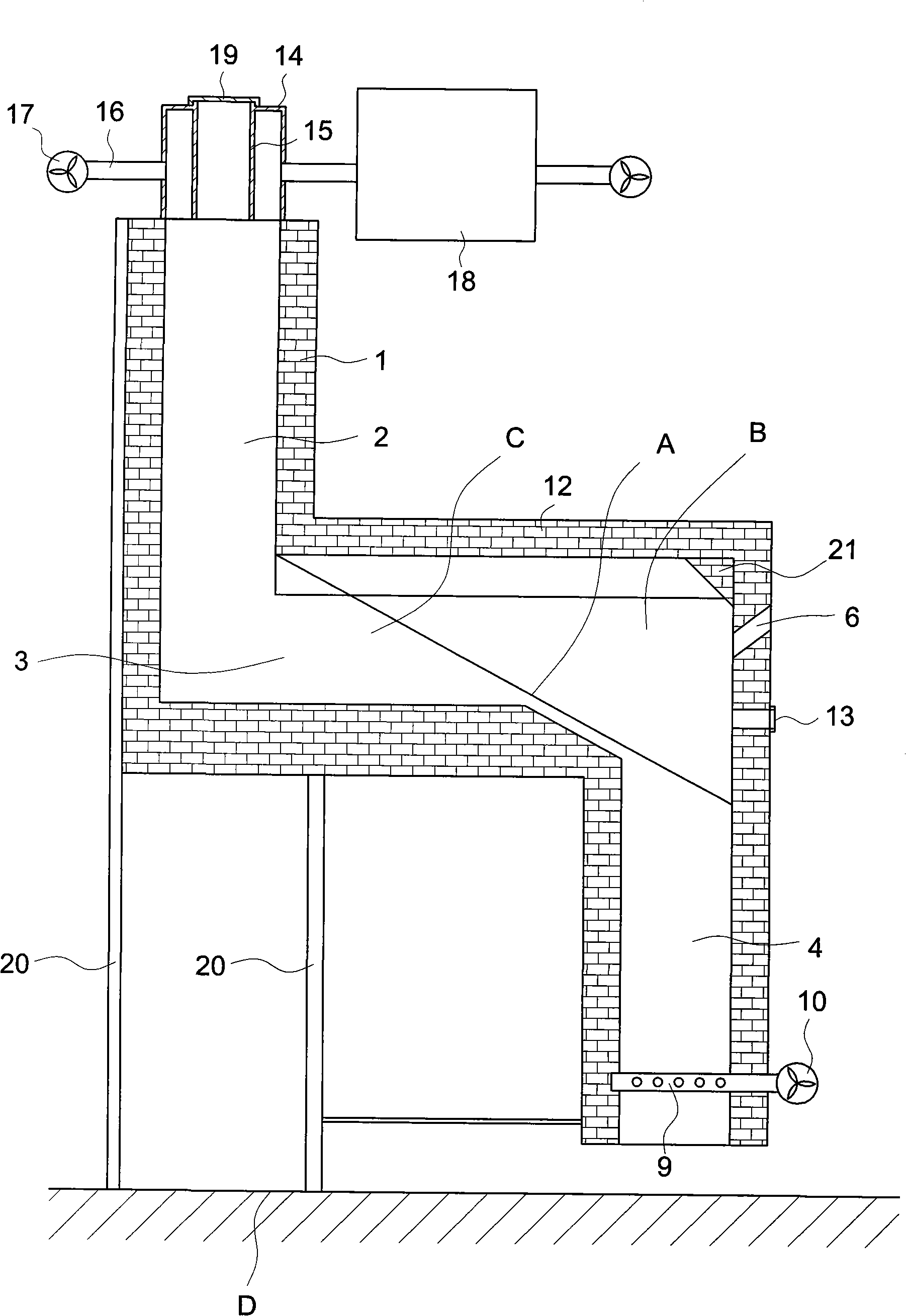 Dislocation type centre section naked flame vertical kiln