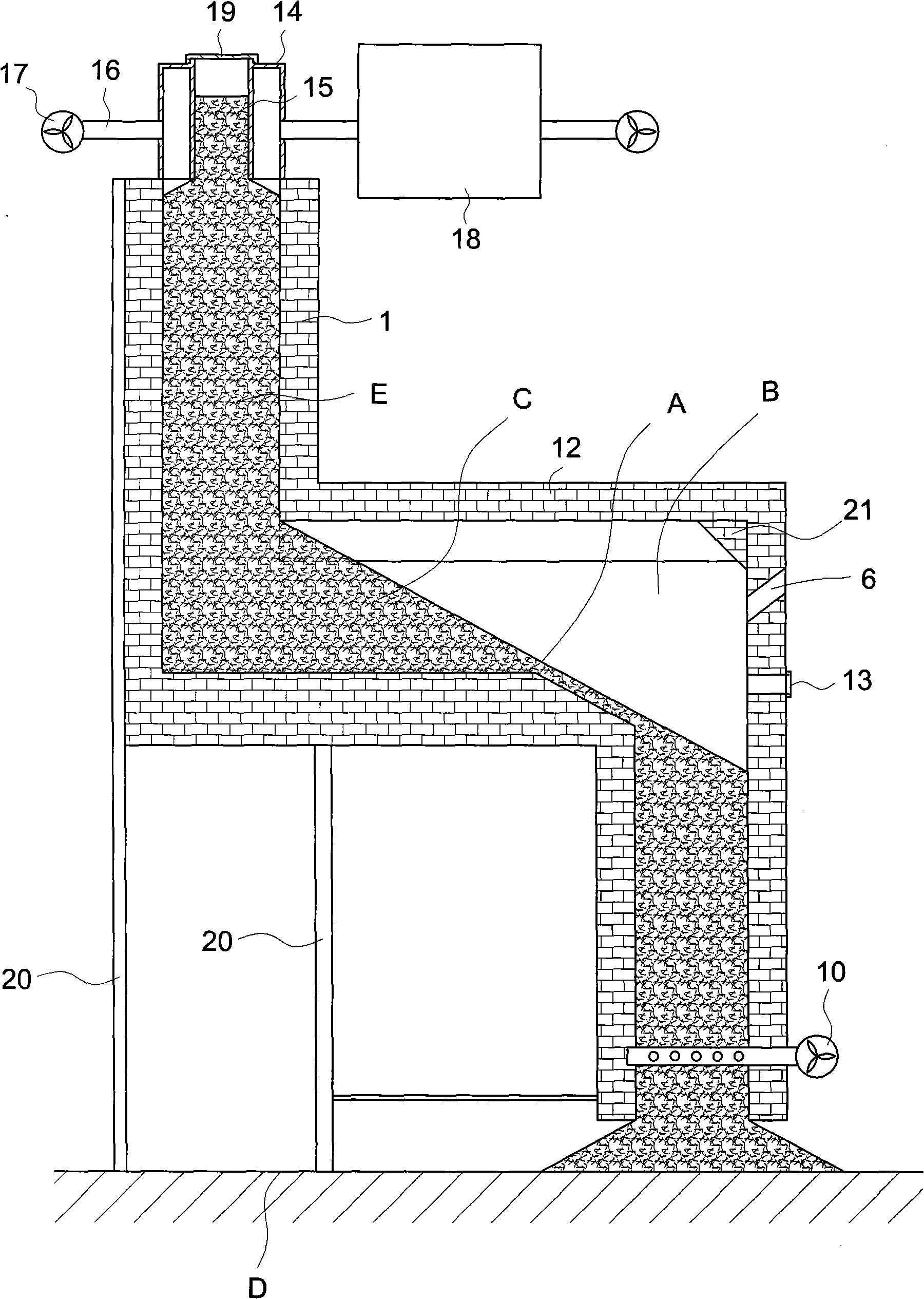 Dislocation type centre section naked flame vertical kiln