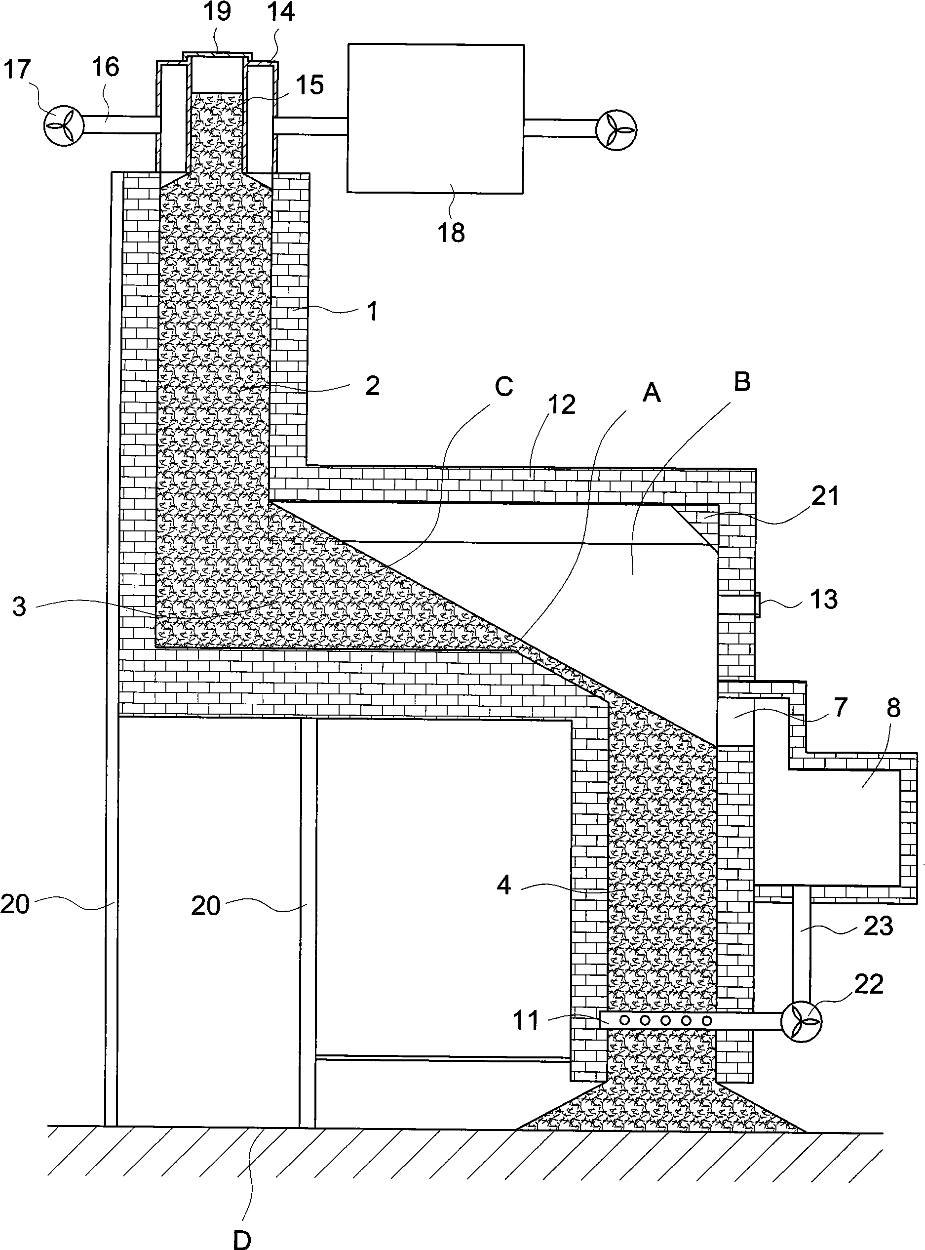 Dislocation type centre section naked flame vertical kiln