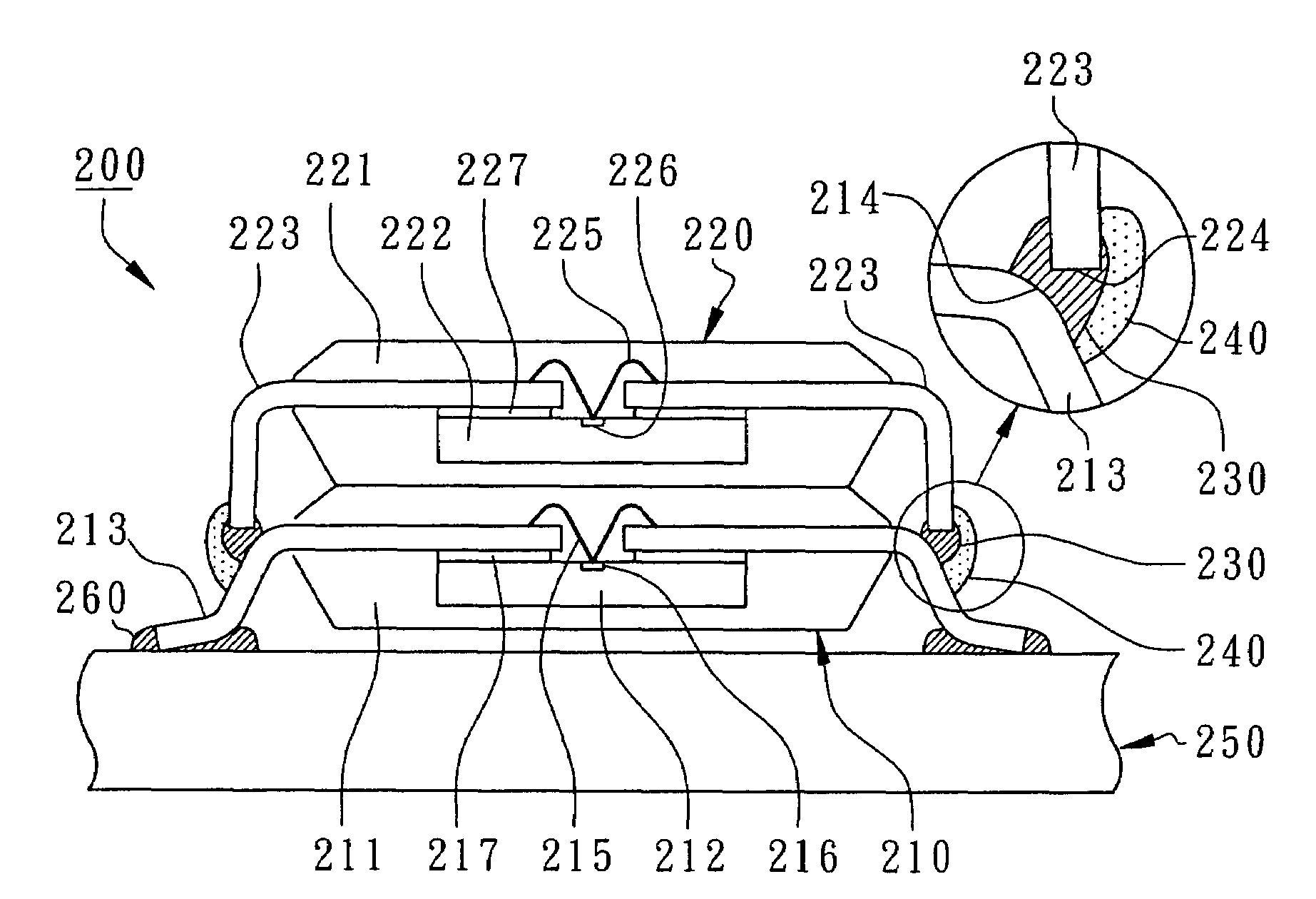 POP (package-on-package) device encapsulating soldered joints between external leads