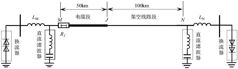 Two-cable-section mixing direct current power transmission line fault section identification method based on mode identification