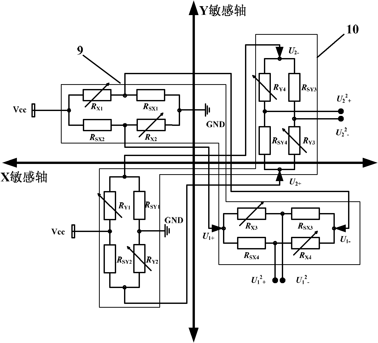 Giant magnetoresistance effect based sensor for measuring directions and intensity of magnetic fields