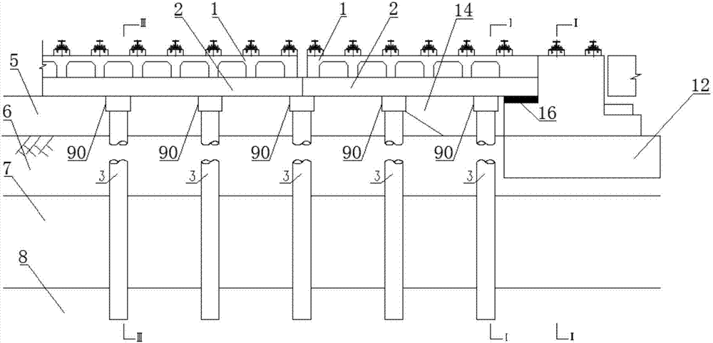 Transitional section structure of pile foundation joists with framing type rail bearing beams in the middle and low speed maglev double-line filling section