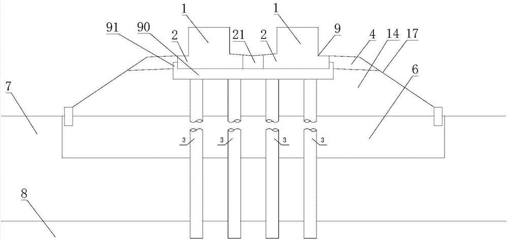 Transitional section structure of pile foundation joists with framing type rail bearing beams in the middle and low speed maglev double-line filling section