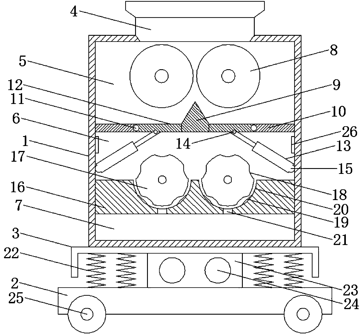 Building waste smashing device with smashing rollers with grooves