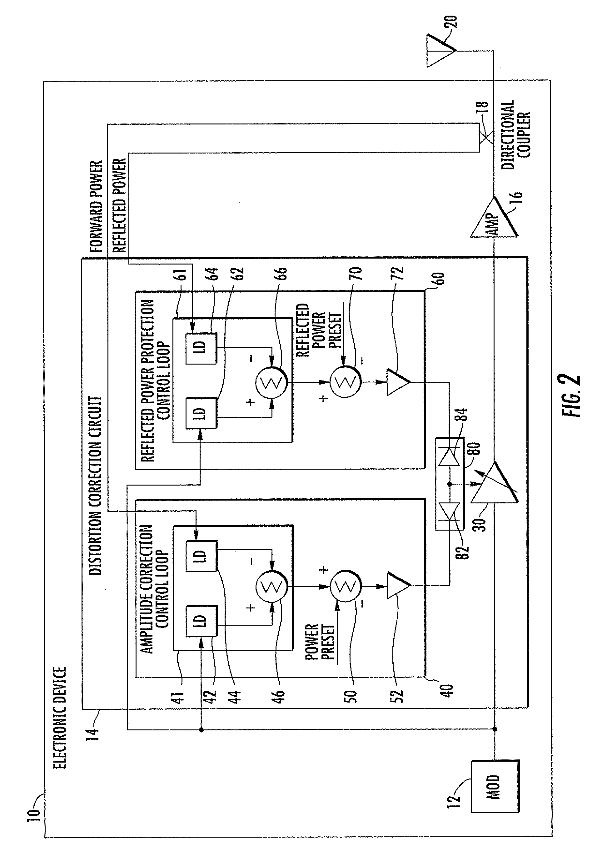 Electronic device with a distortion correction circuit for a power amplifier, and associated methods