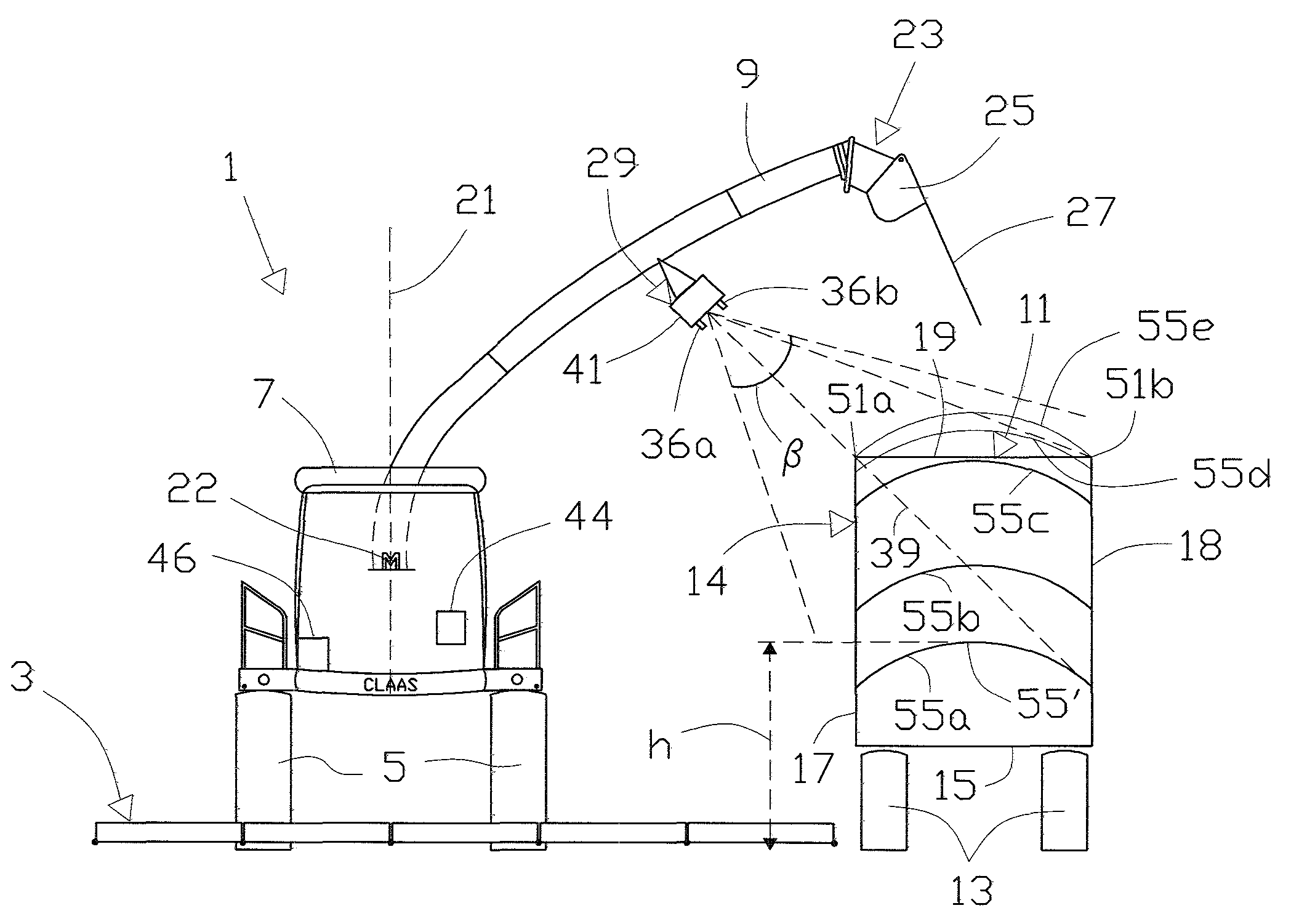 Filling degree gauge, agricultural vehicle with the gauge, and method of measuring and displaying residual filling potential of target area