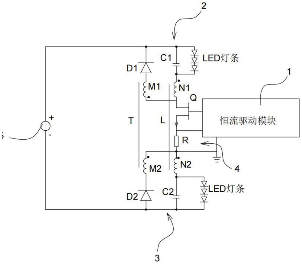 Automatic current-sharing voltage-reducing constant-current driving circuit suitable for two LED light bars