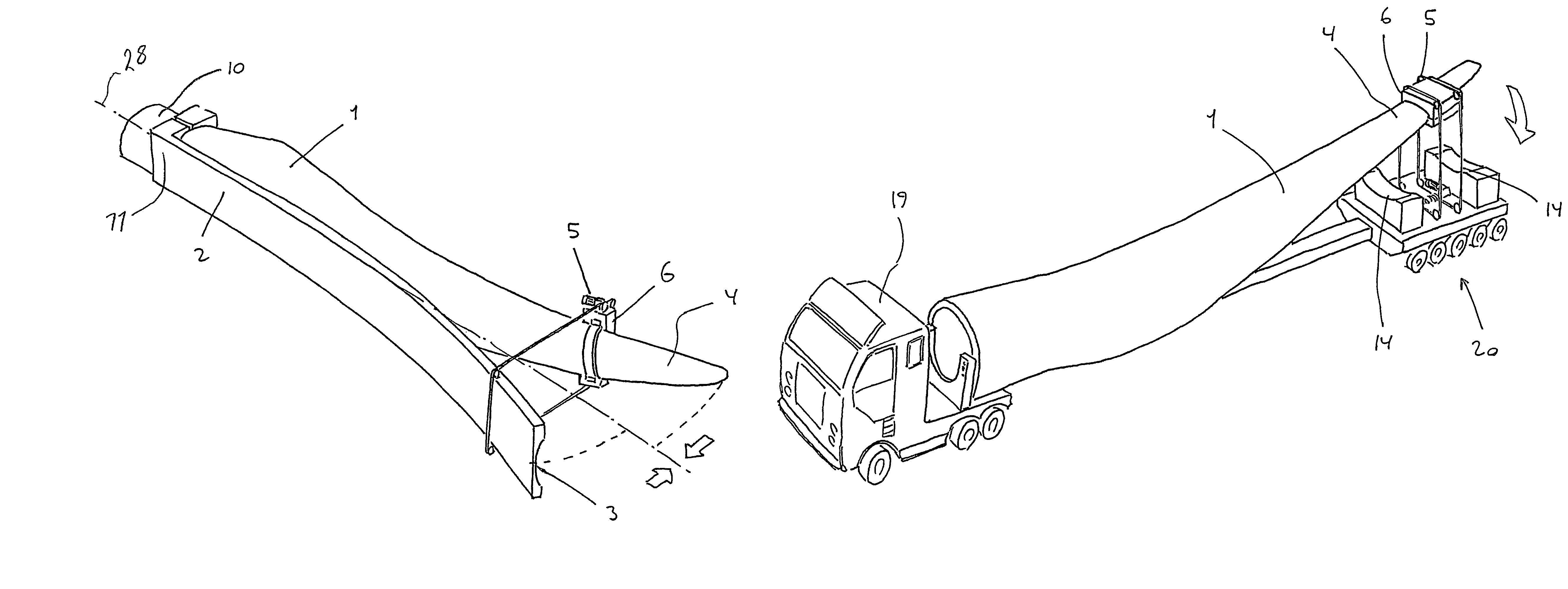 Transporting and storing curved wind turbine blades