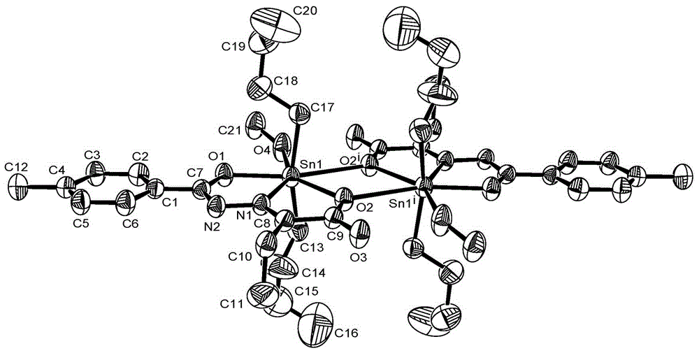 2-oxobutyrate p-toluyl hydrazone di-n-butyltin complex as well as preparation method and application thereof