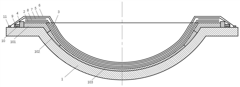 Composite material plate shell with thickness gradual change area and forming device and method of composite material plate shell