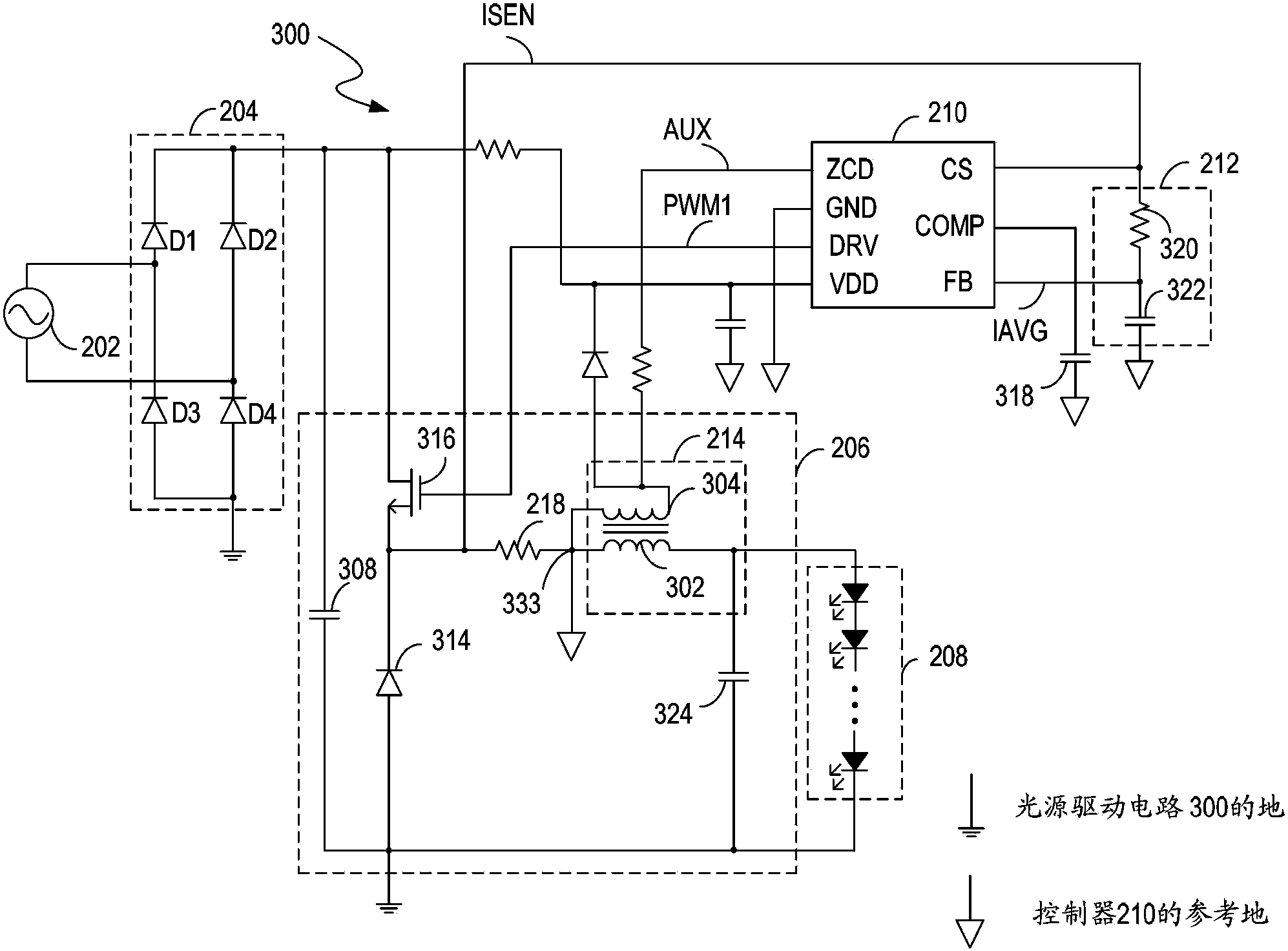 Driving circuit and method for providing power to led light source, and power converter