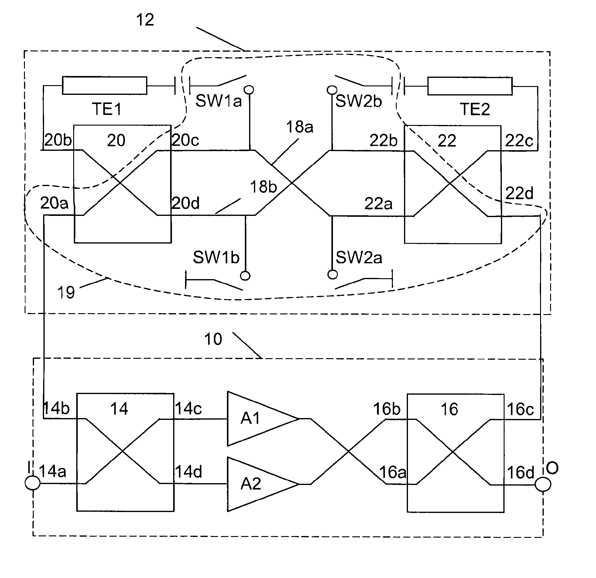 Balanced amplifying device having a bypass branch