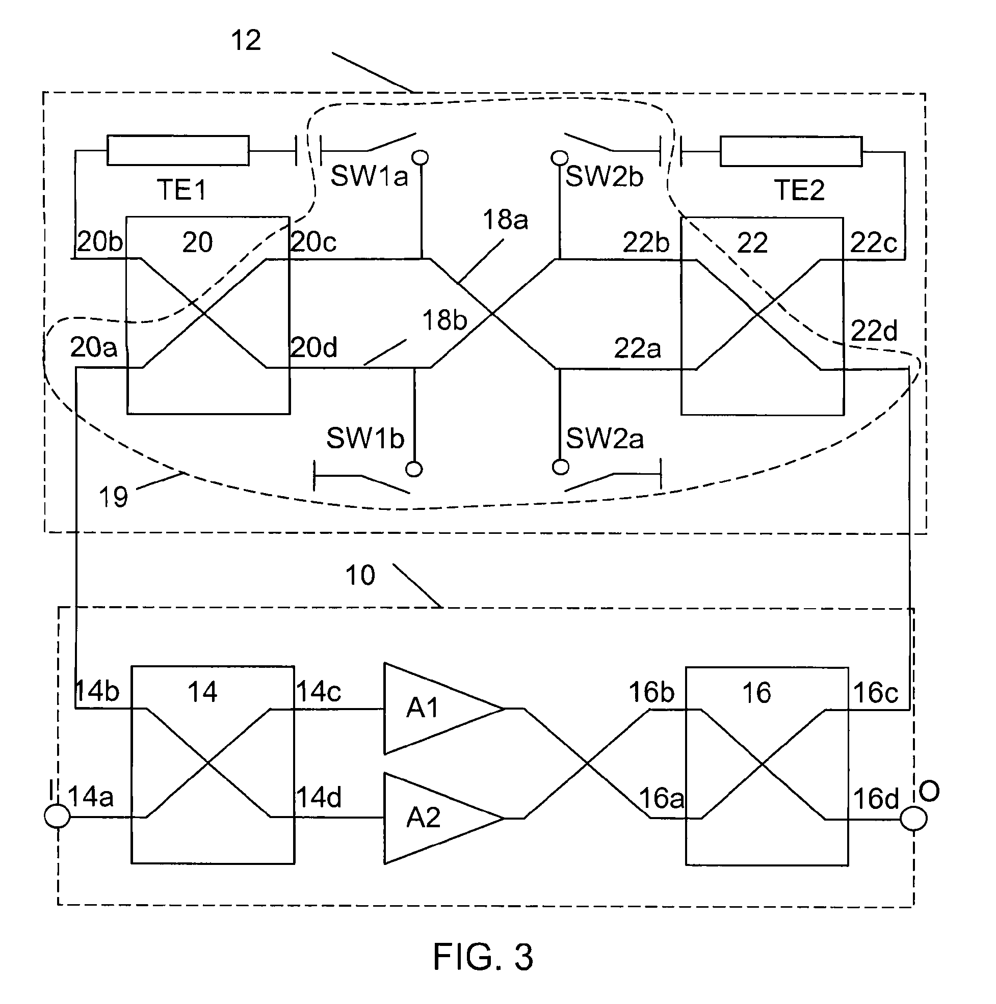 Balanced amplifying device having a bypass branch