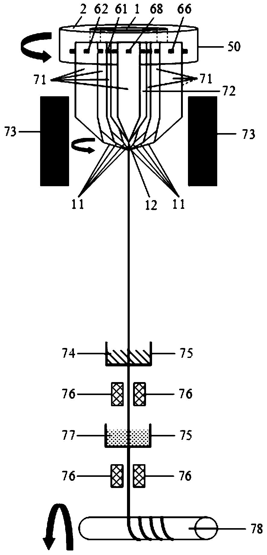 Device and method for multi-optical-fiber high-speed rotating wiredrawing side face fusion beam combination