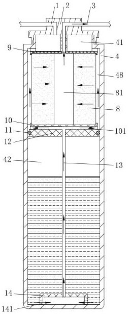 Waterway structure for reducing TDS value of raw water side of RO membrane filter element