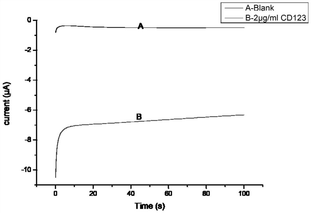 Electrochemical immunosensing method for detecting leukemia stem cell tumor marker CD123 by multiple signal amplification technology