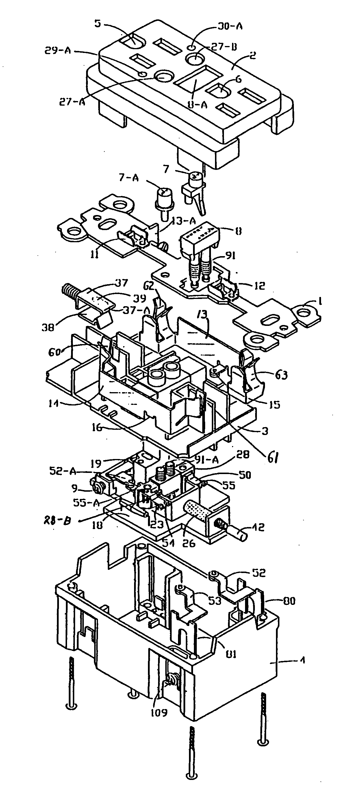 Receptacle device having protection against arc faults and leakage currents