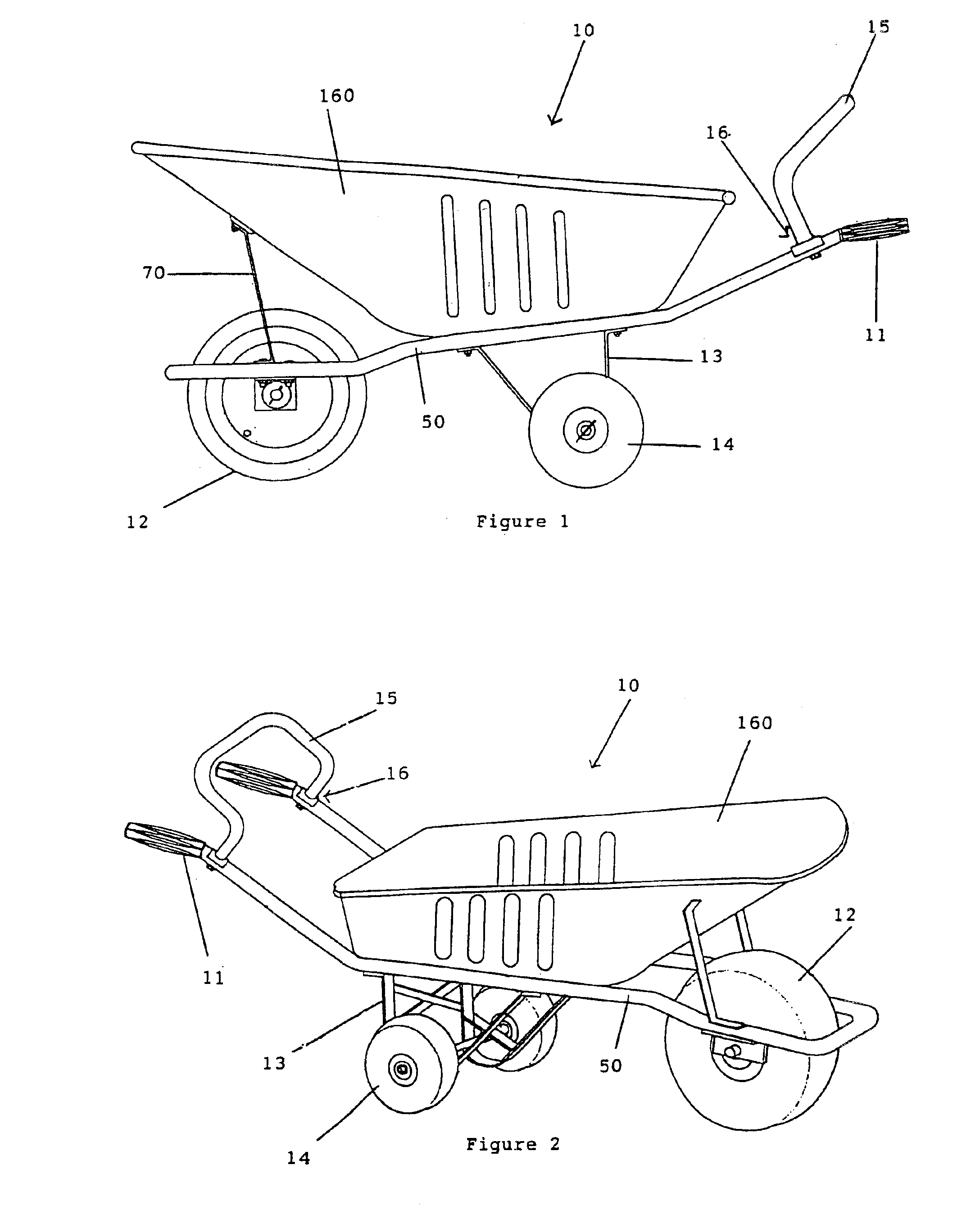 Three wheeled wheelbarrow with handle adaptor