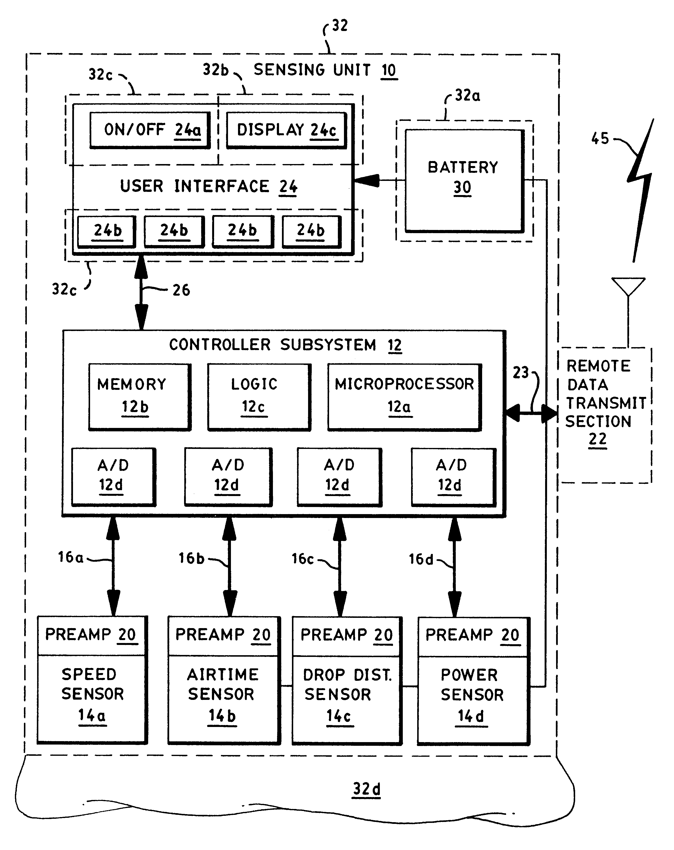 Sport monitoring system for determining airtime, speed, power absorbed and other factors such as drop distance