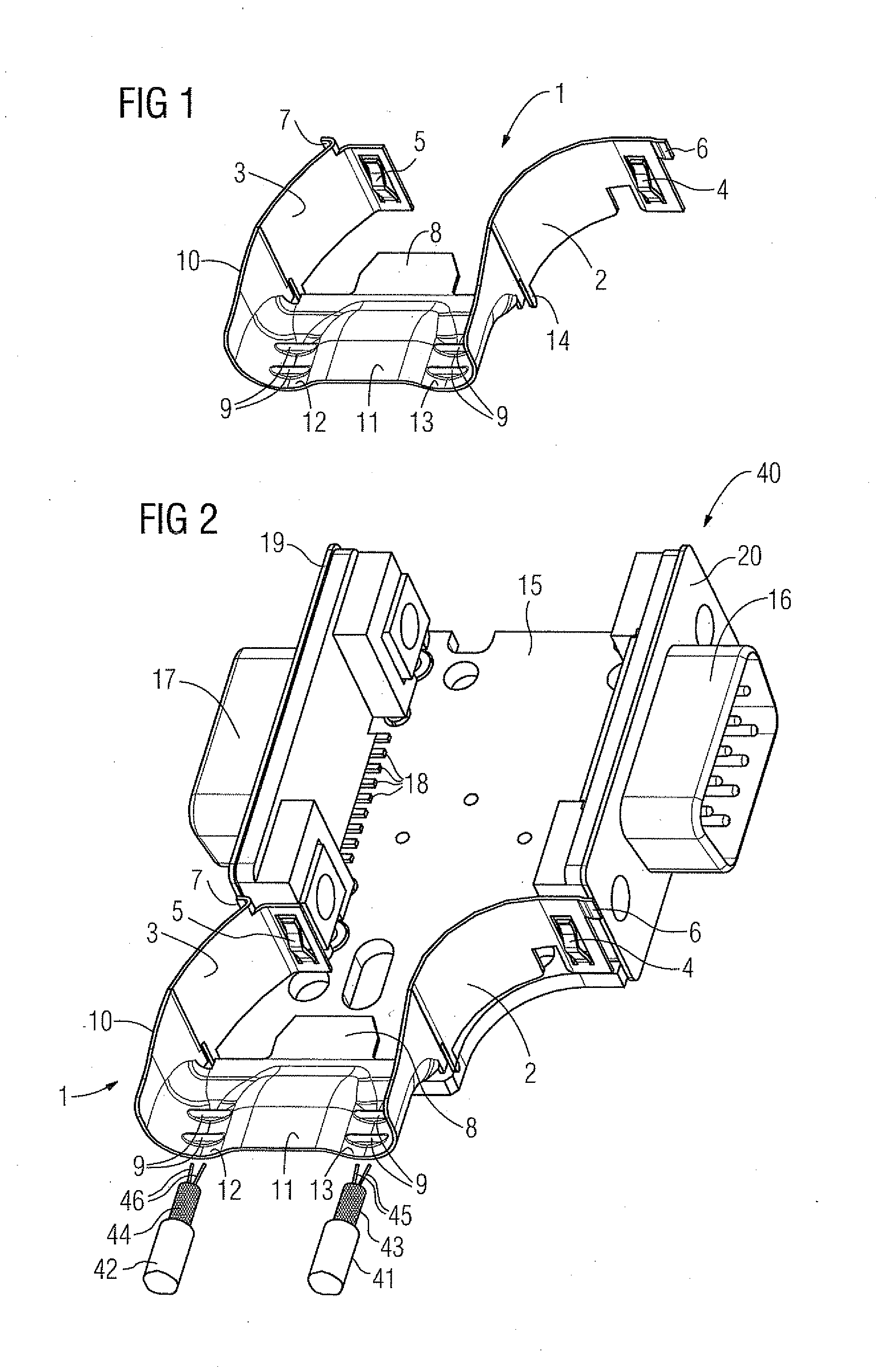 Bus connector with at least two cable connections for bus lines