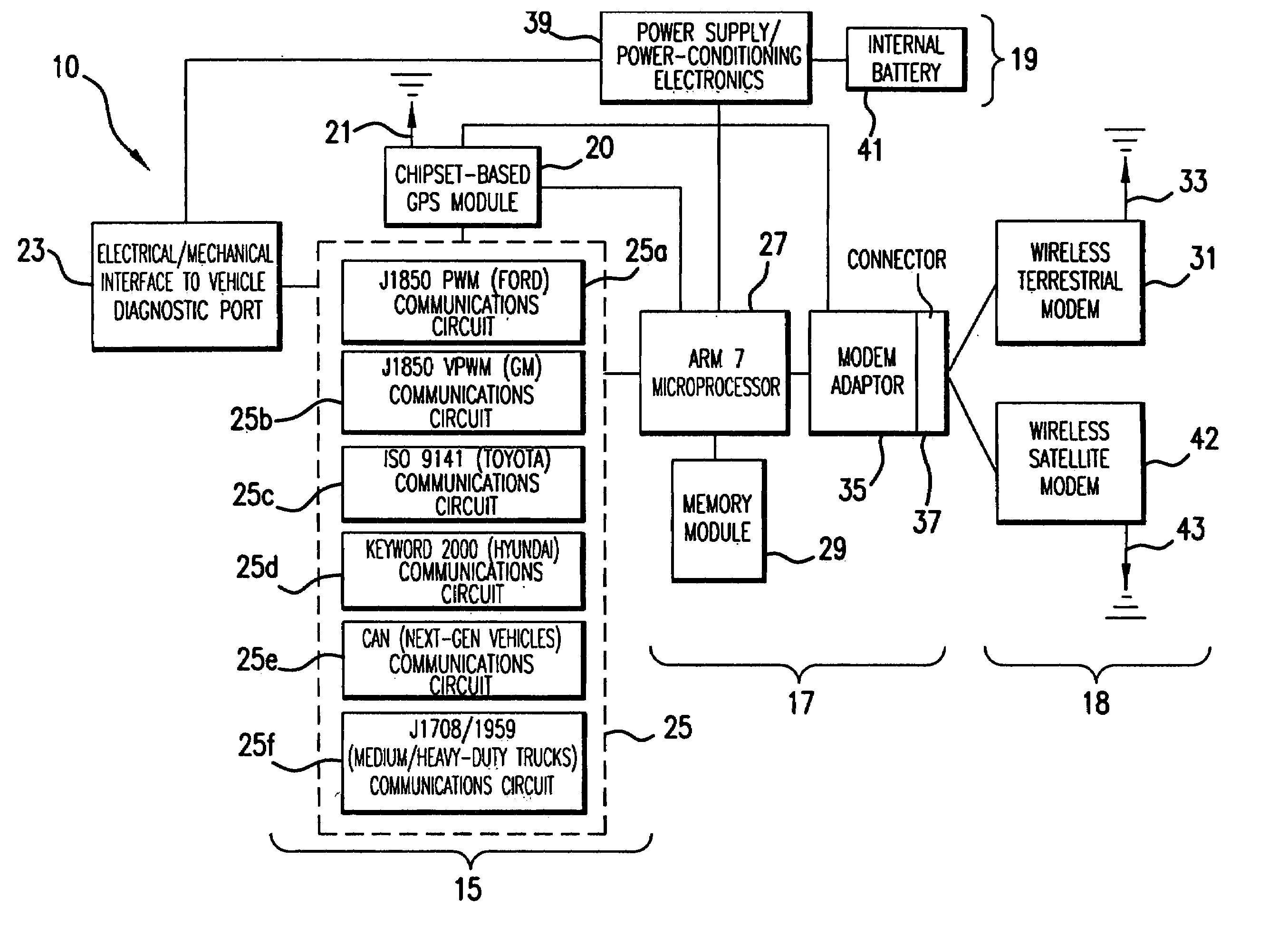 Wireless vehicle-monitoring system operating on both terrestrial and satellite networks