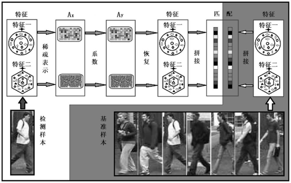 Feature sparse representation multi-dictionary pair learning pedestrian re-identification method