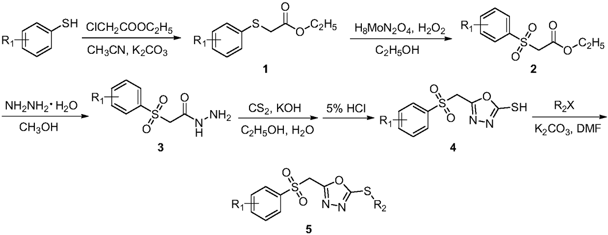 2,5-substituent-1,3,4-oxadiazole sulfone derivative as well as preparation method and application thereof