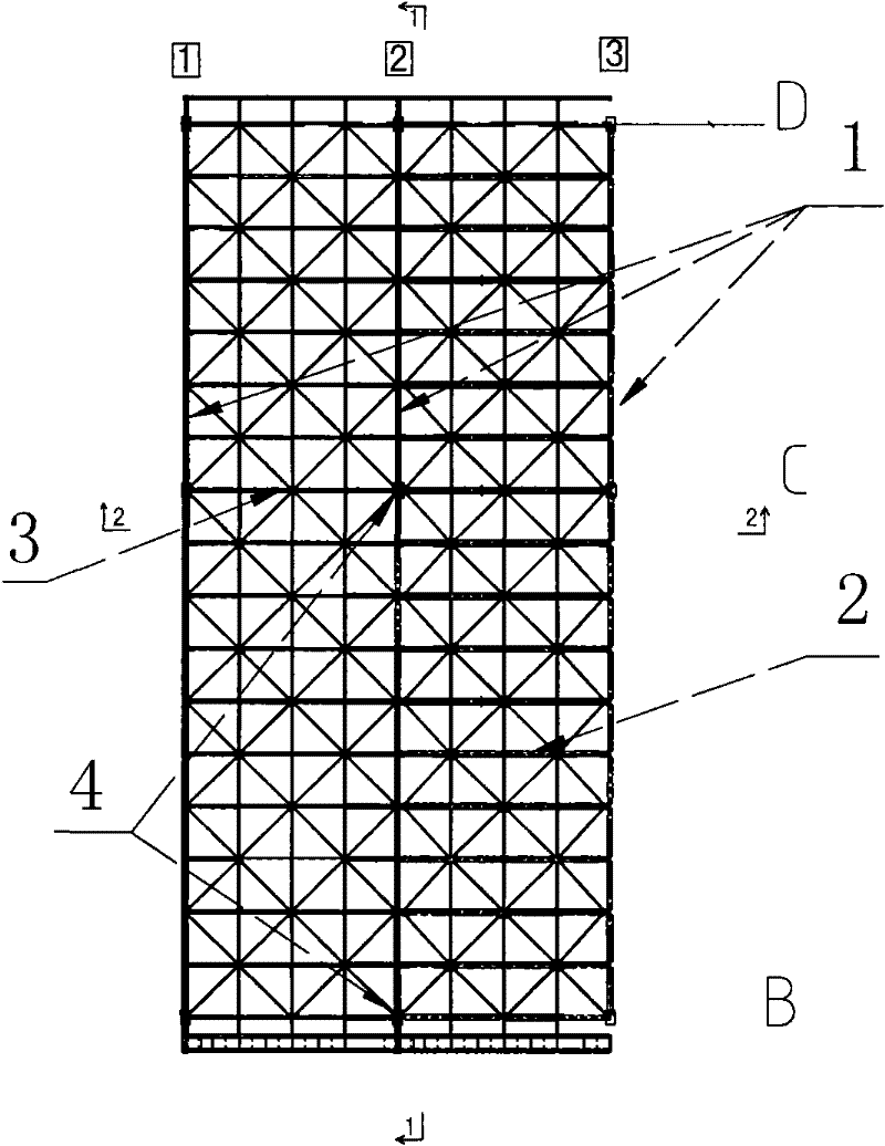 Method for drawing columns and enlarging distances after replacing beams at high altitude in industrial factory building