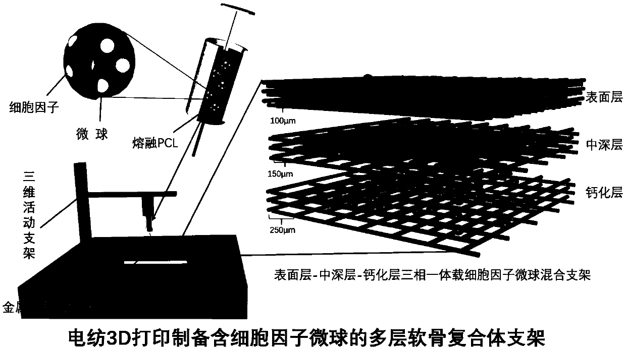 Preparation of multilayer cartilage complex containing cytokine microspheres through electrospinning 3D printing