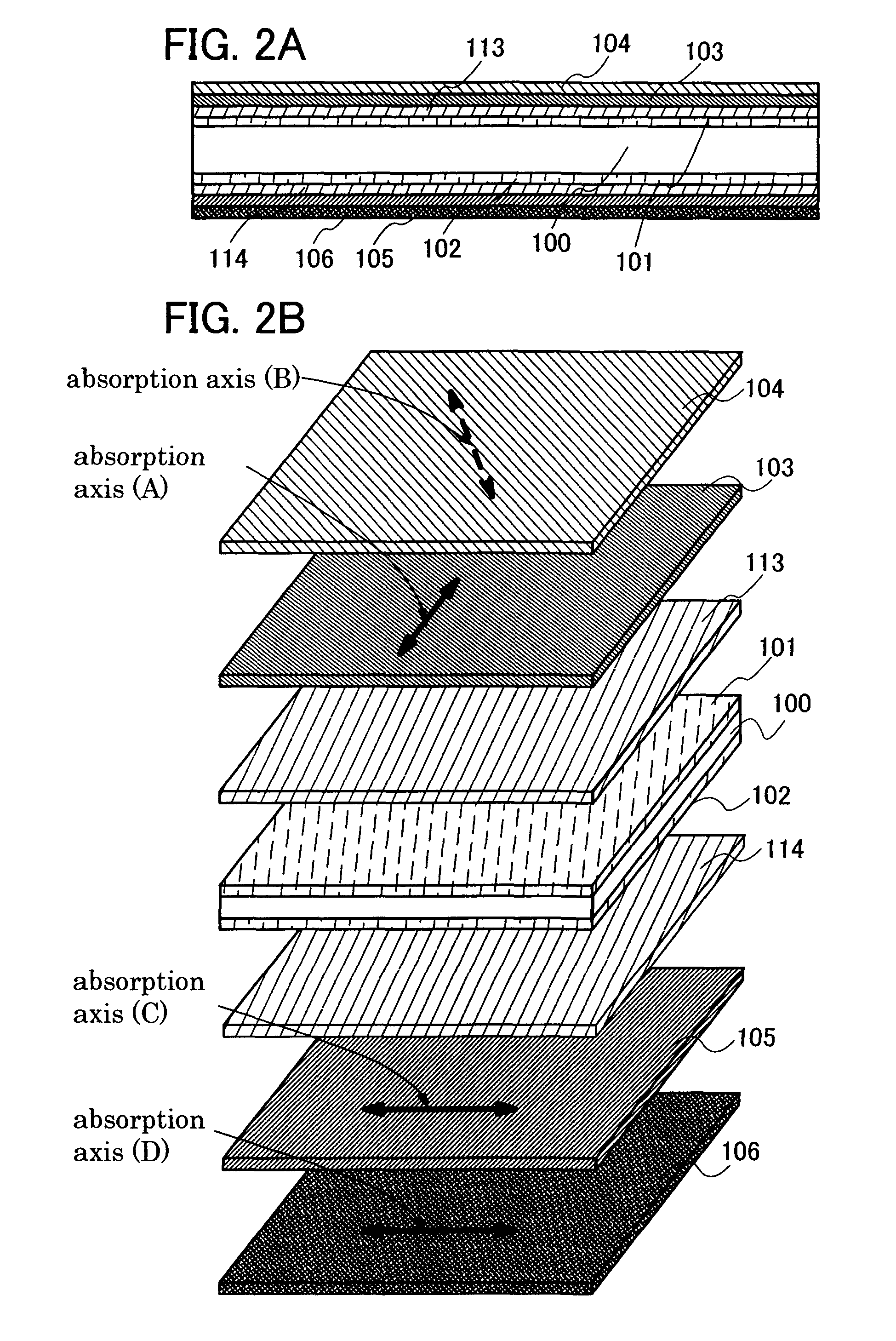 Display device having stacked polarizers that differ in degrees of light absorbing bands and that are between a pair of protective layers such that no protective layer is located between the stacked polarizers