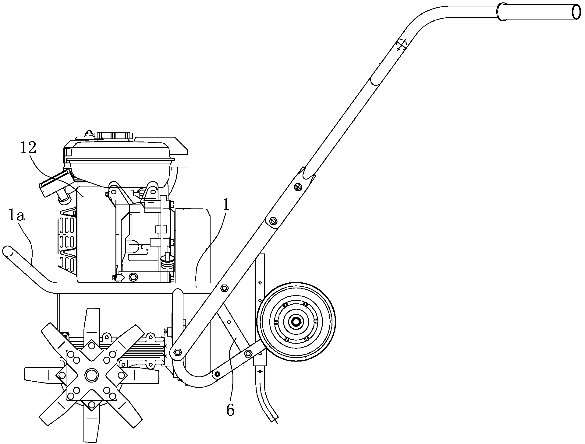 Portable mini tiller engine and frame assembly