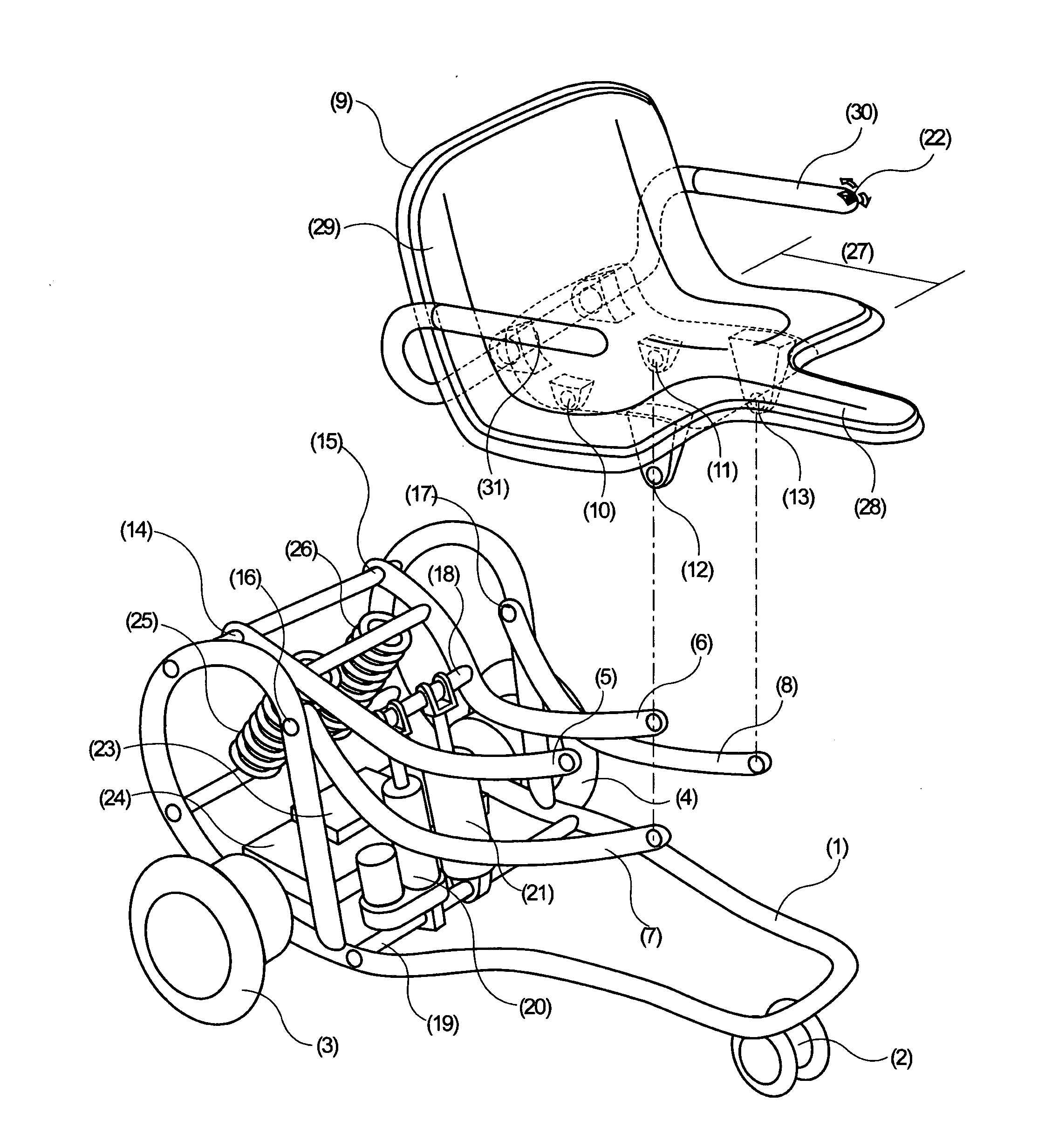 Electric wheelchair equipped with a raising/lowering function