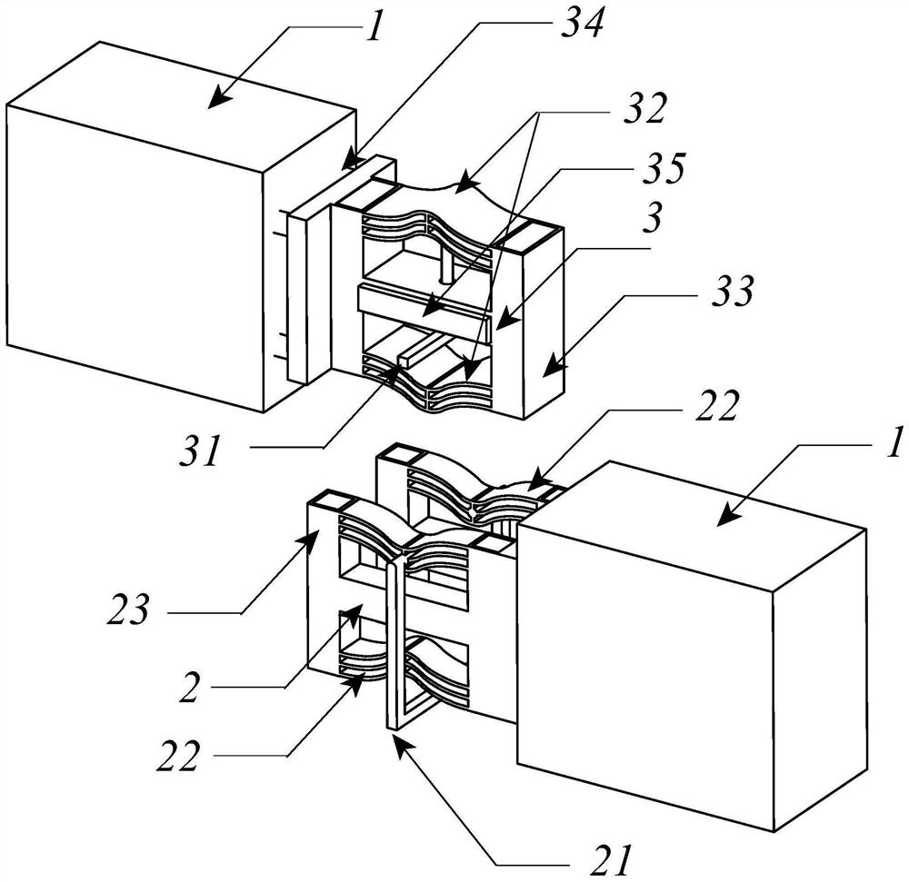 Variable stiffness shock absorption device with embedded connecting beam and working method thereof