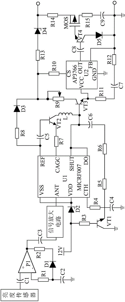 Signal amplification circuit based light-control LED (Light-Emitting Diode) energy-saving control system