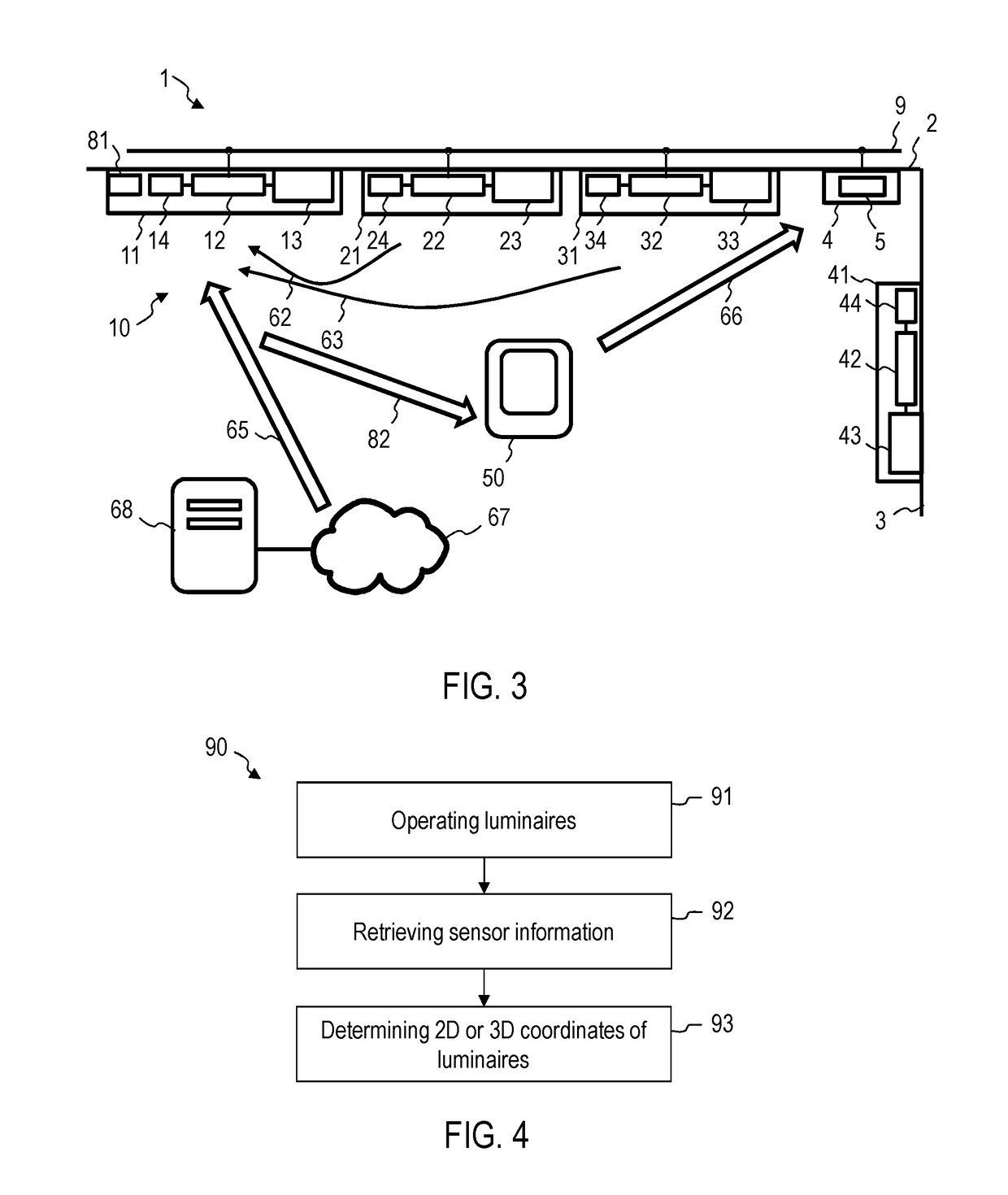 Luminaire locating device, luminaire, and luminaire configuring and commissioning device