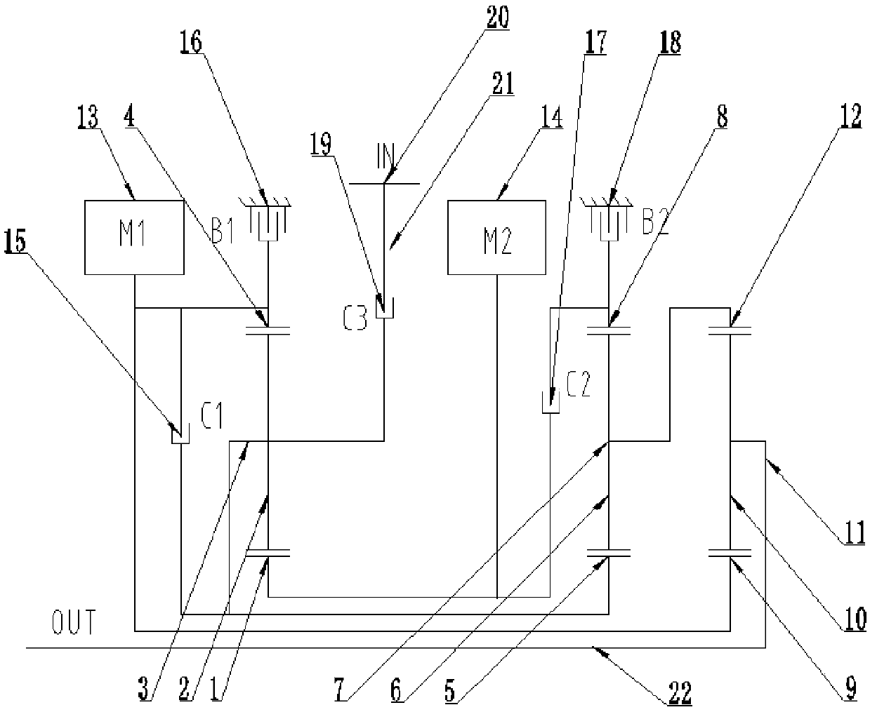 Three-planet-row hybrid power system, hybrid power method and hybrid electric vehicle