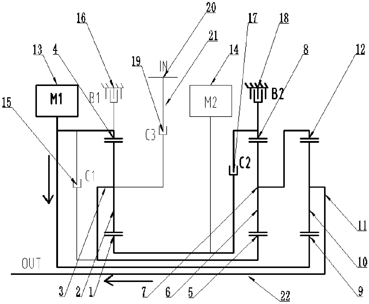 Three-planet-row hybrid power system, hybrid power method and hybrid electric vehicle