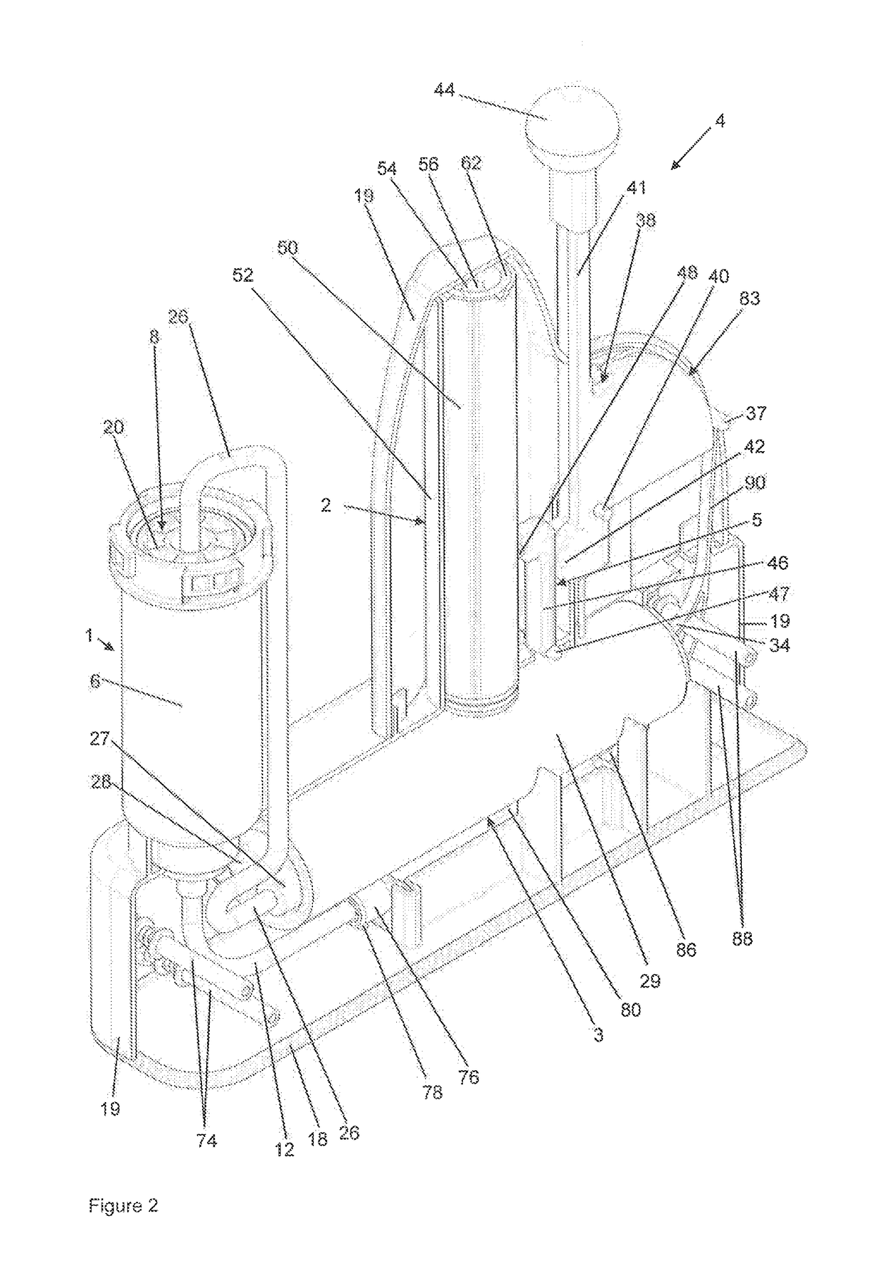 Vacuum mixing device with operating element, pressure pump, and vacuum pump for mixing  polymethylmethacrylate bone cement