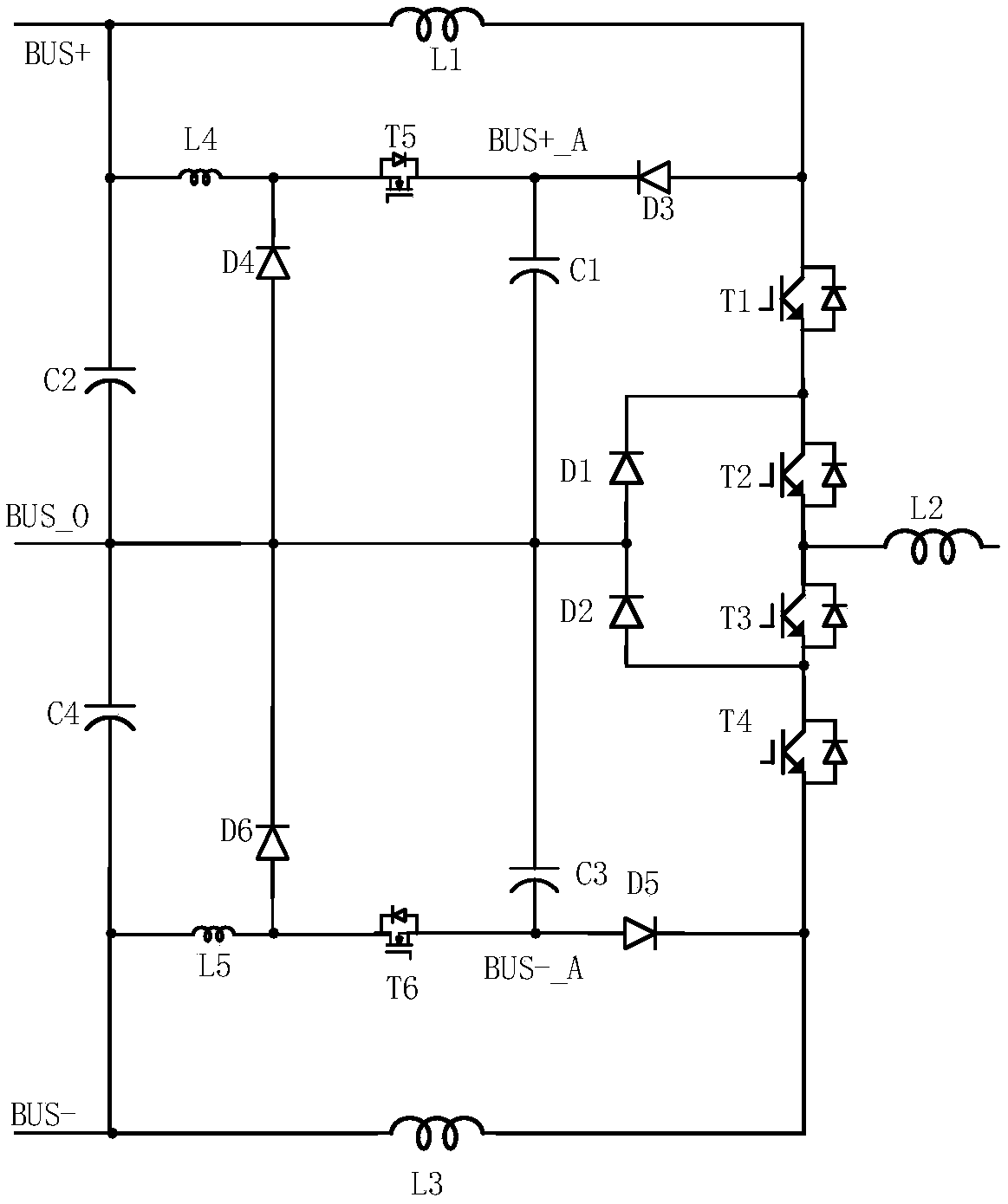 Three-level topological circuit, single-phase inverter and three-phase inverter