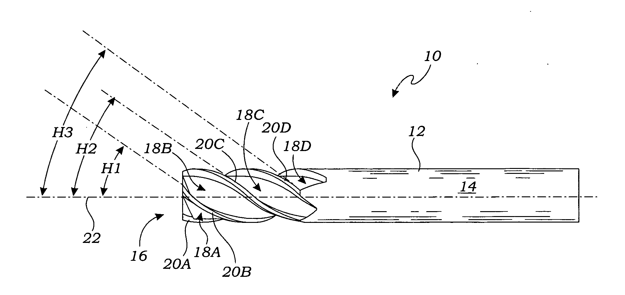 Rotary cutting tool having multiple helical cutting edges with differing helix angles