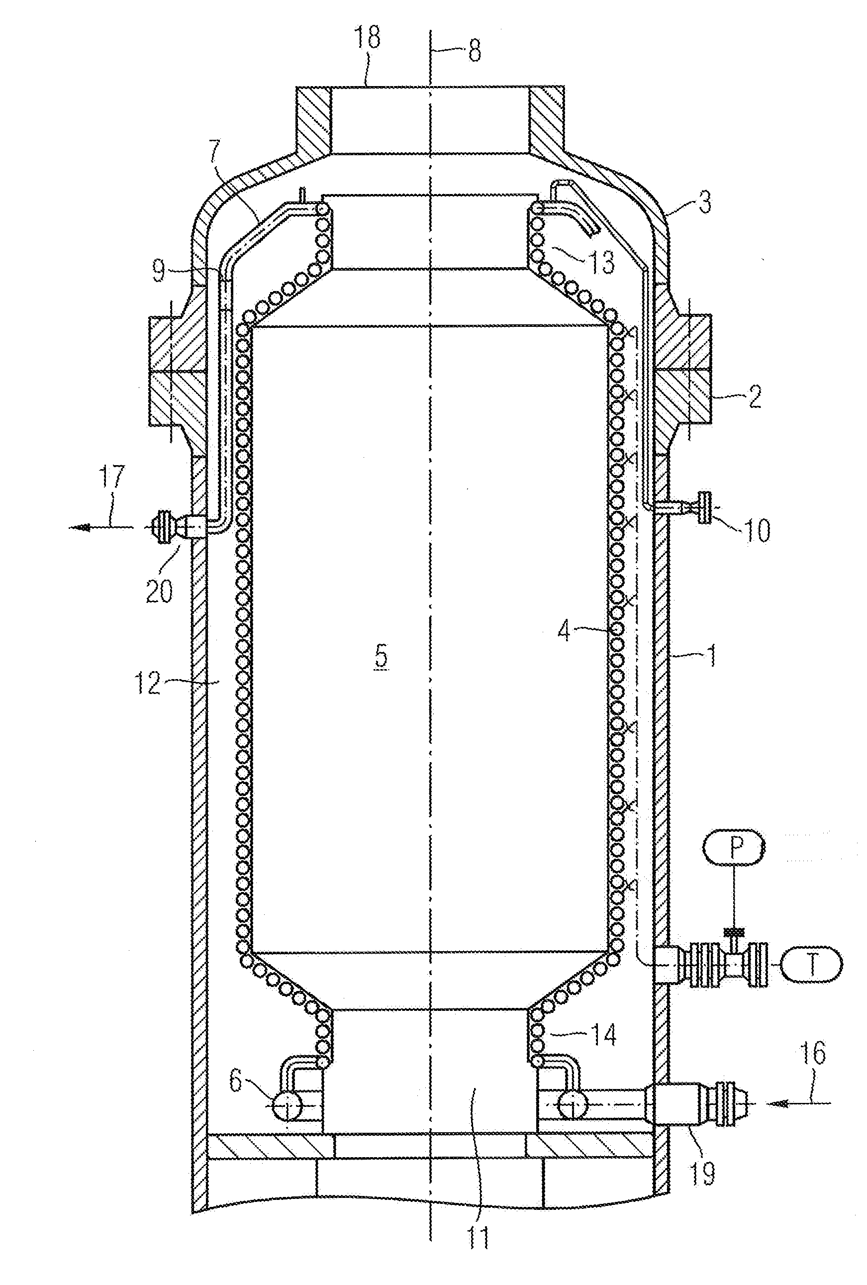 In-line gasifier having a cooling jacket with pipework passing through the side of the pressure cladding