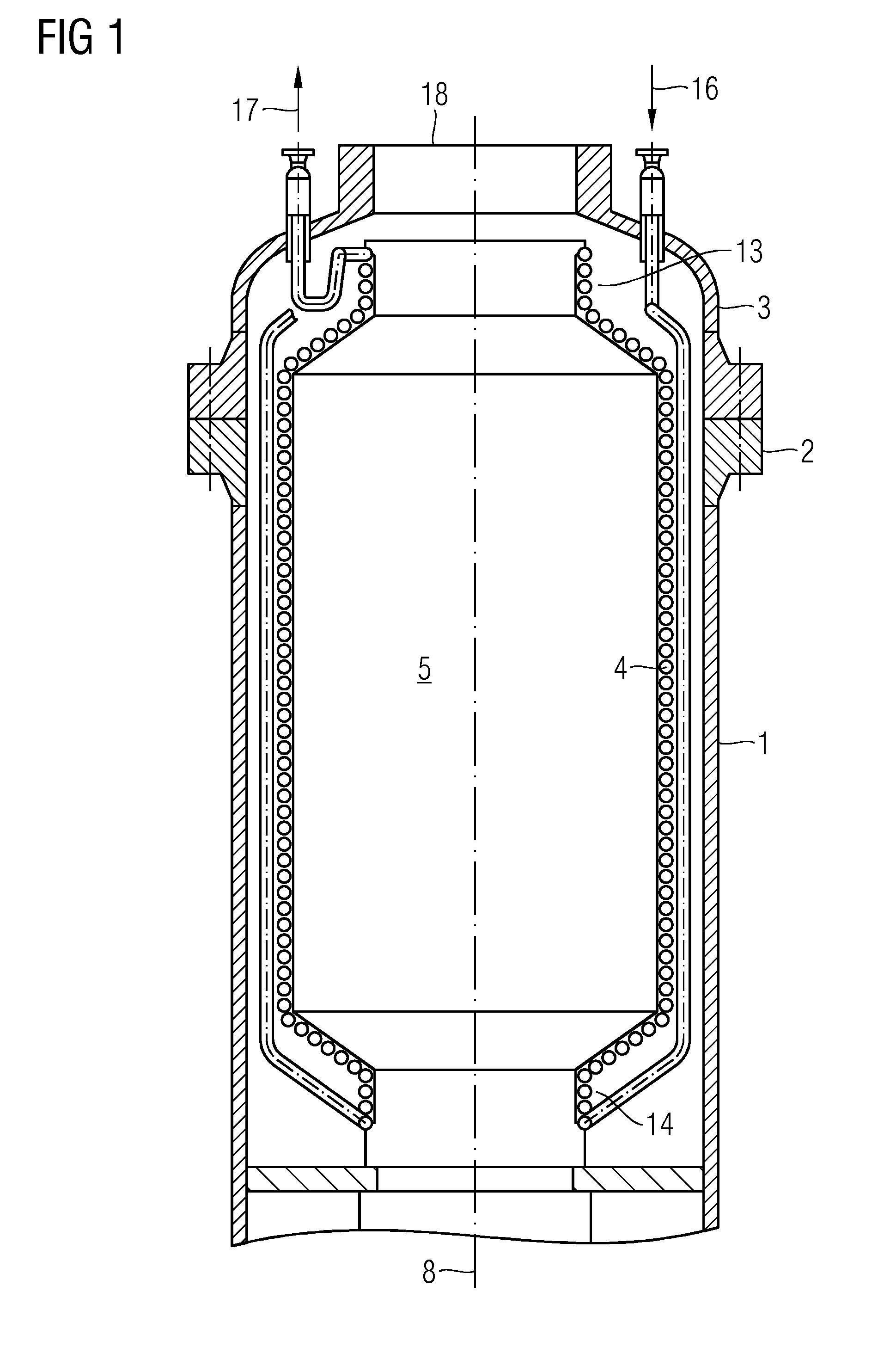 In-line gasifier having a cooling jacket with pipework passing through the side of the pressure cladding