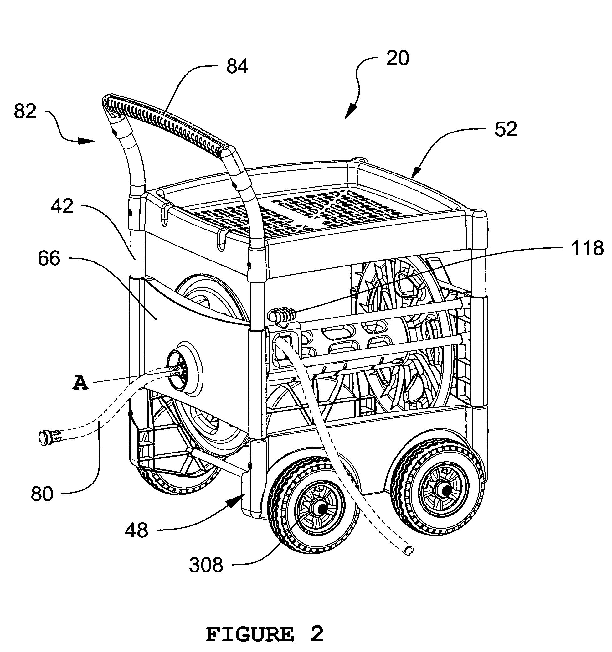 Hose reel cart with tray constructed from plastic and metal structural components