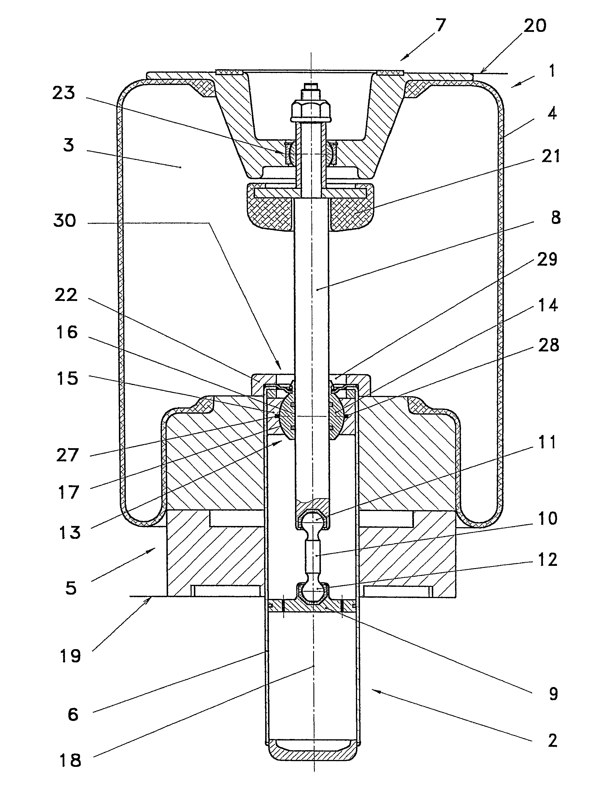 Pneumatic spring vibration damper assembly unit