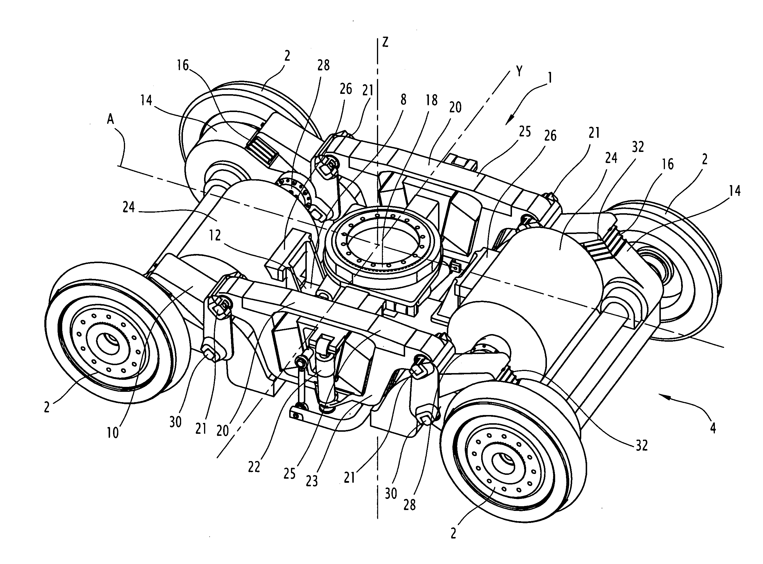 Articulated bogie for a railway vehicle