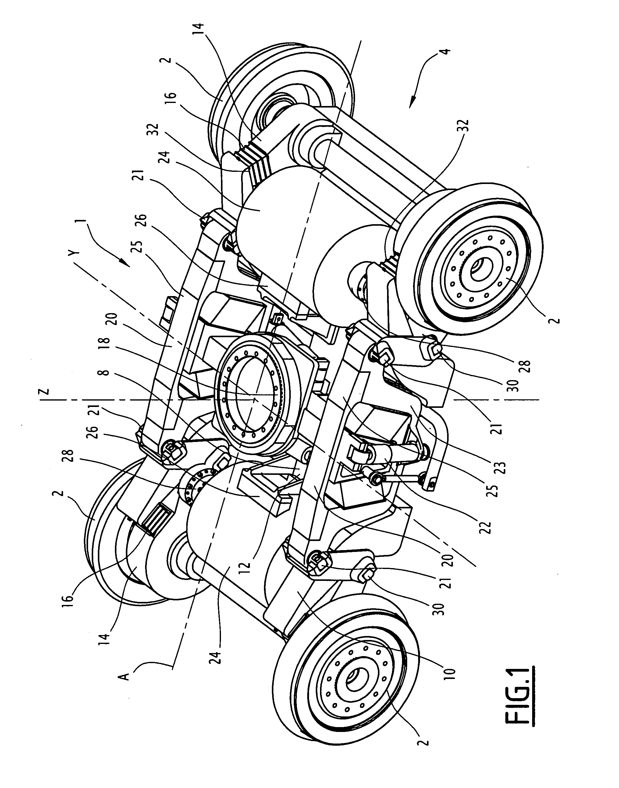 Articulated bogie for a railway vehicle