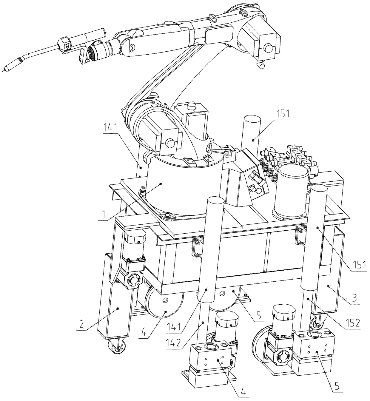 Intelligent welding robot capable of walking and turning and capable of striding low wall